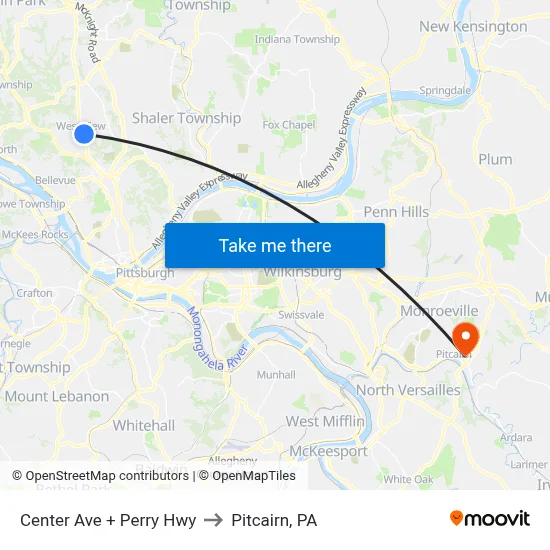 Center Ave + Perry Hwy to Pitcairn, PA map
