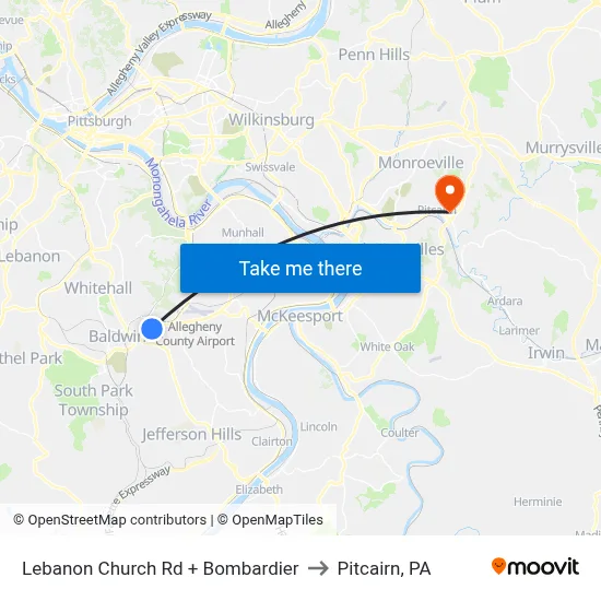 Lebanon Church Rd + Bombardier to Pitcairn, PA map
