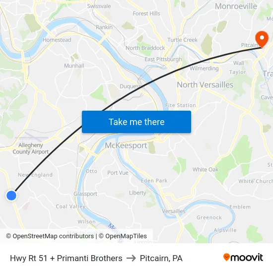 Hwy Rt 51 + Primanti Brothers to Pitcairn, PA map