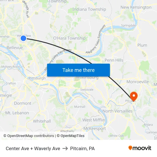 Center Ave + Waverly Ave to Pitcairn, PA map