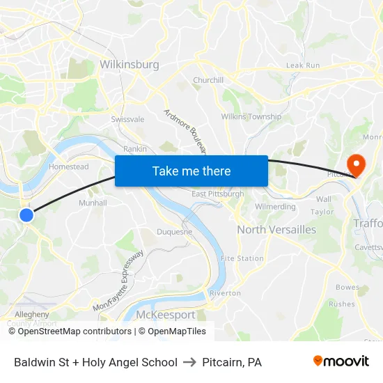 Baldwin St + Holy Angel School to Pitcairn, PA map