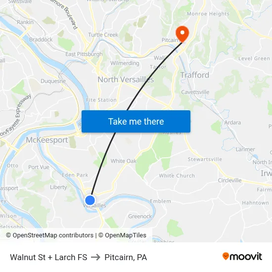 Walnut St + Larch FS to Pitcairn, PA map