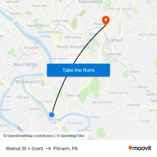 Walnut St + Grant to Pitcairn, PA map