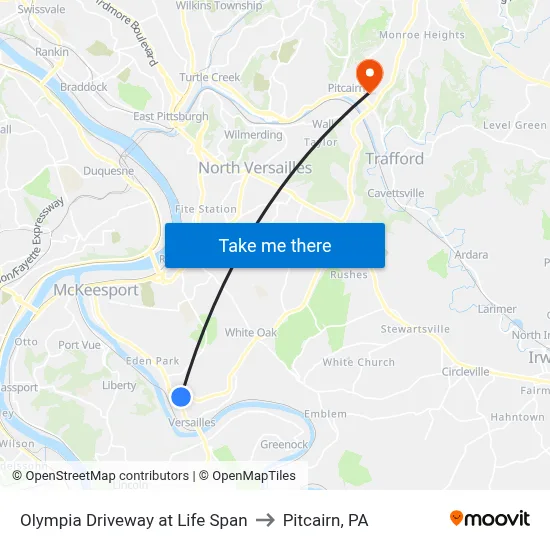 Olympia Driveway at Life Span to Pitcairn, PA map