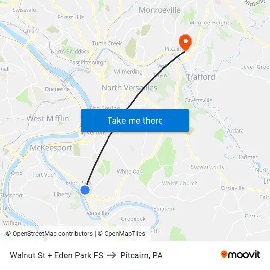 Walnut St + Eden Park FS to Pitcairn, PA map