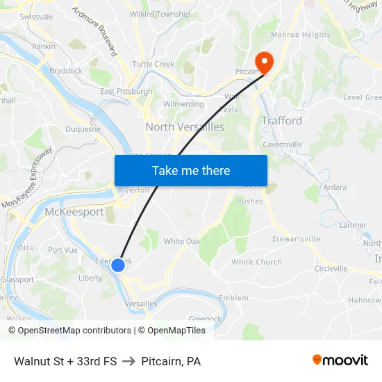 Walnut St + 33rd FS to Pitcairn, PA map