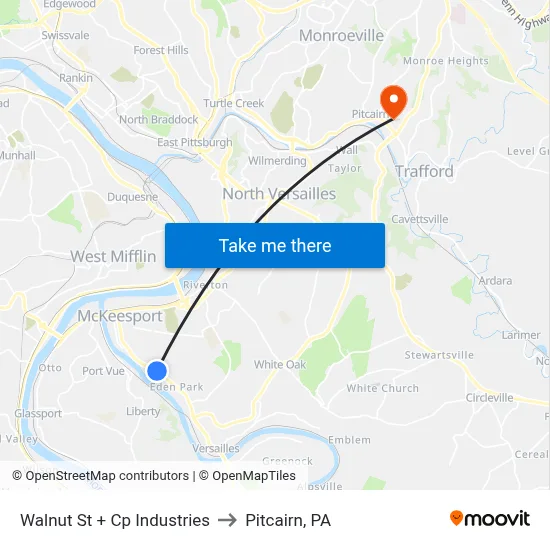 Walnut St + Cp Industries to Pitcairn, PA map