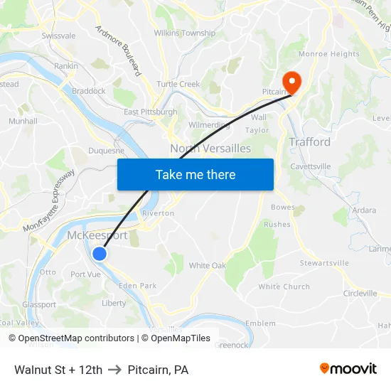 Walnut St + 12th to Pitcairn, PA map