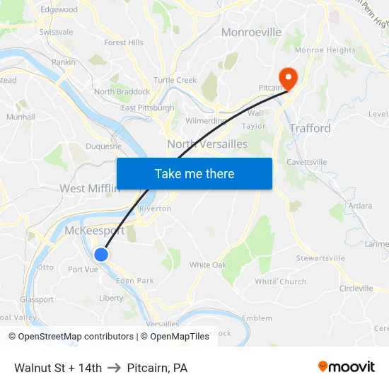 Walnut St + 14th to Pitcairn, PA map