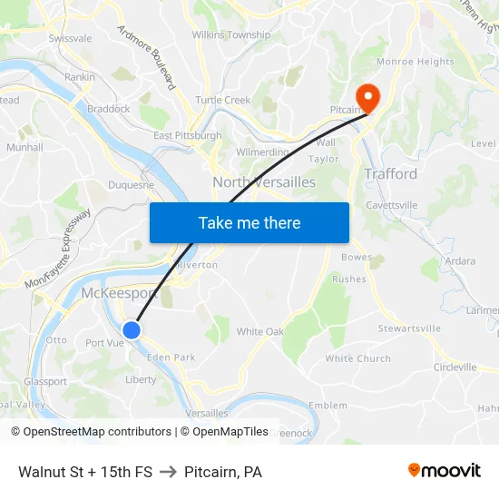 Walnut St + 15th FS to Pitcairn, PA map
