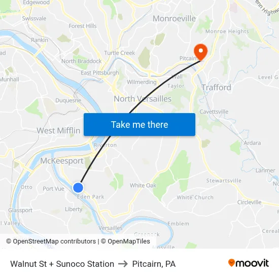 Walnut St + Sunoco Station to Pitcairn, PA map