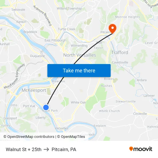 Walnut St + 25th to Pitcairn, PA map