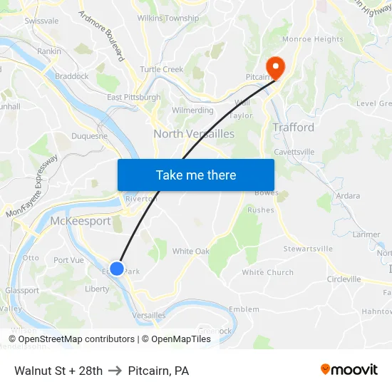 Walnut St + 28th to Pitcairn, PA map