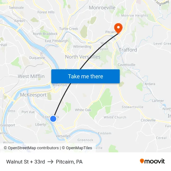 Walnut St + 33rd to Pitcairn, PA map