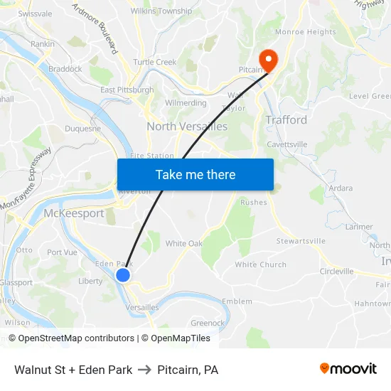Walnut St + Eden Park to Pitcairn, PA map