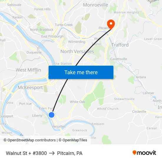 Walnut St + #3800 to Pitcairn, PA map