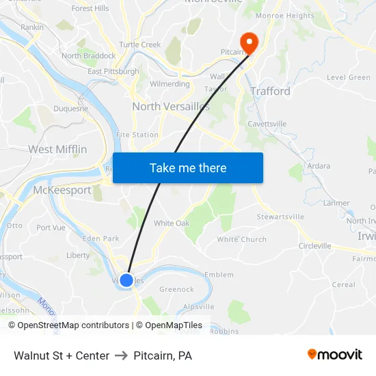 Walnut St + Center to Pitcairn, PA map