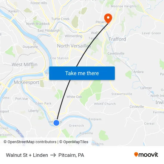 Walnut St + Linden to Pitcairn, PA map