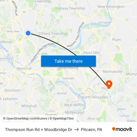 Thompson Run Rd + Woodbridge Dr to Pitcairn, PA map