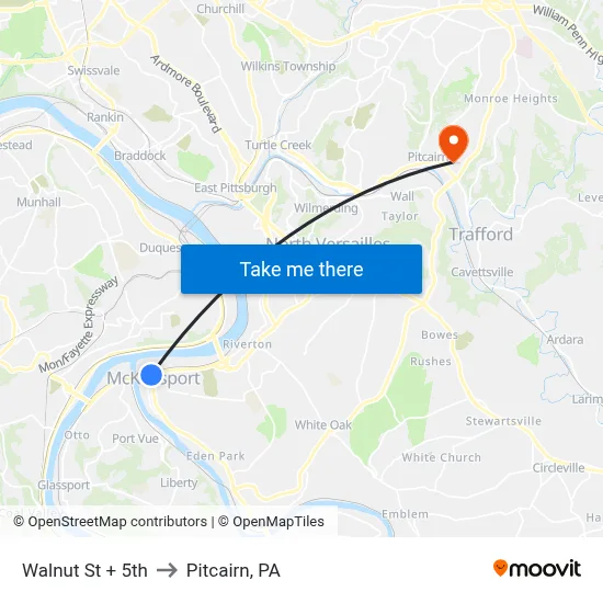 Walnut St + 5th to Pitcairn, PA map