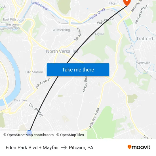 Eden Park Blvd + Mayfair to Pitcairn, PA map