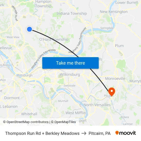 Thompson Run Rd + Berkley Meadows to Pitcairn, PA map