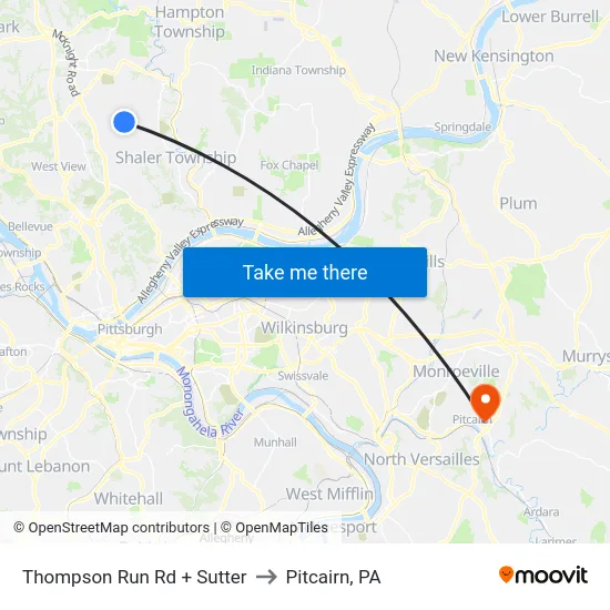 Thompson Run Rd + Sutter to Pitcairn, PA map