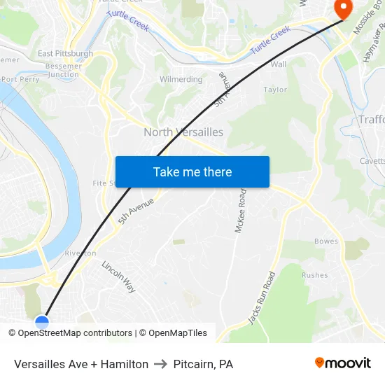 Versailles Ave + Hamilton to Pitcairn, PA map