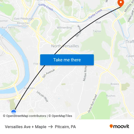 Versailles Ave + Maple to Pitcairn, PA map