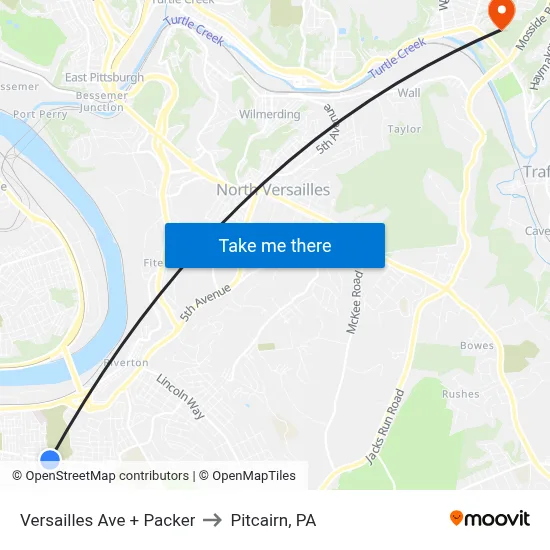 Versailles Ave + Packer to Pitcairn, PA map