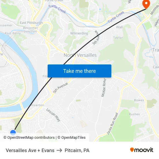 Versailles Ave + Evans to Pitcairn, PA map
