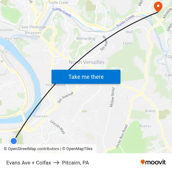Evans Ave + Colfax to Pitcairn, PA map