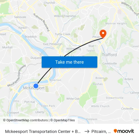 Mckeesport Transportation Center + Bay #4 to Pitcairn, PA map