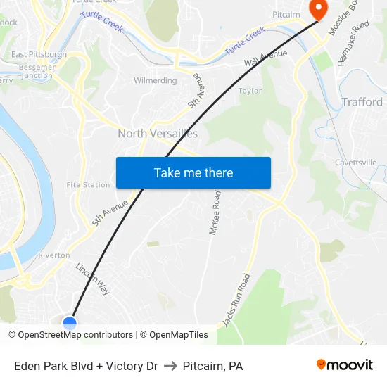 Eden Park Blvd + Victory Dr to Pitcairn, PA map