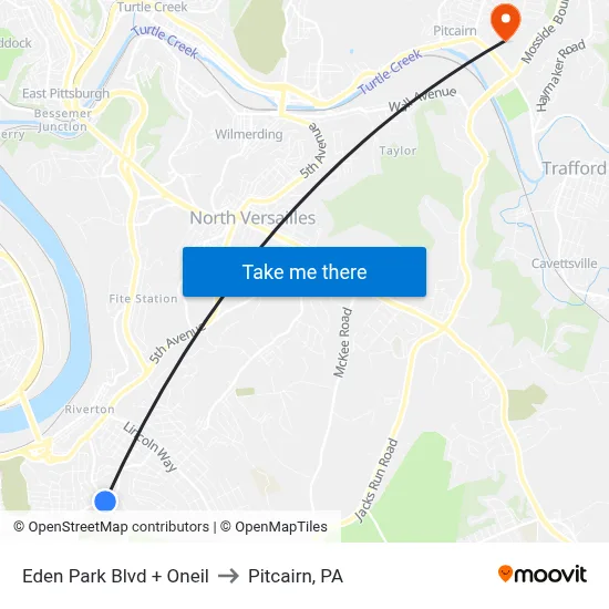 Eden Park Blvd + Oneil to Pitcairn, PA map
