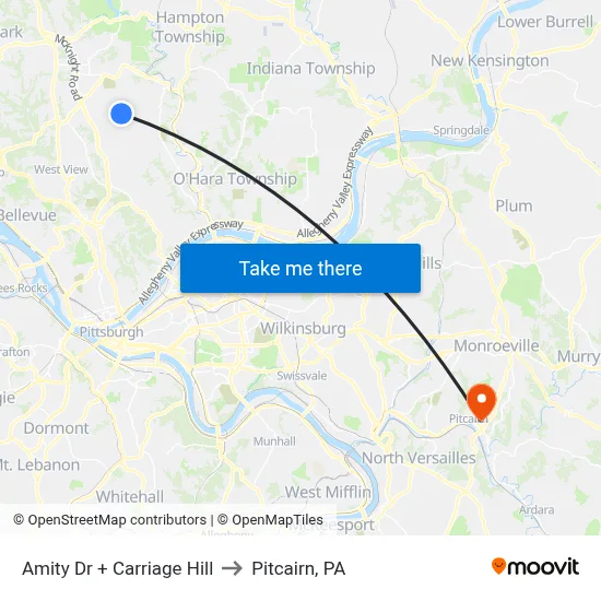Amity Dr + Carriage Hill to Pitcairn, PA map