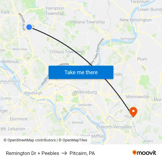 Remington Dr + Peebles to Pitcairn, PA map