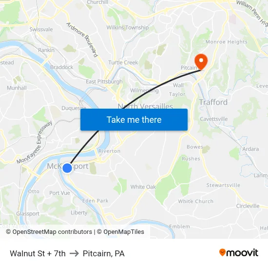 Walnut St + 7th to Pitcairn, PA map