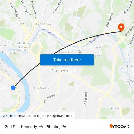 2nd St + Kennedy to Pitcairn, PA map
