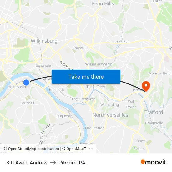 8th Ave + Andrew to Pitcairn, PA map