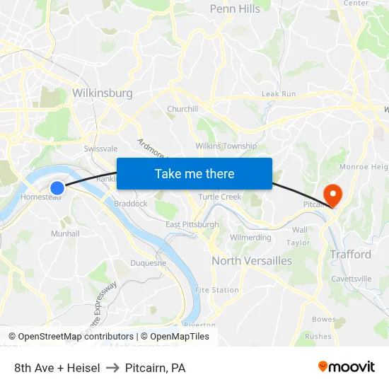 8th Ave + Heisel to Pitcairn, PA map