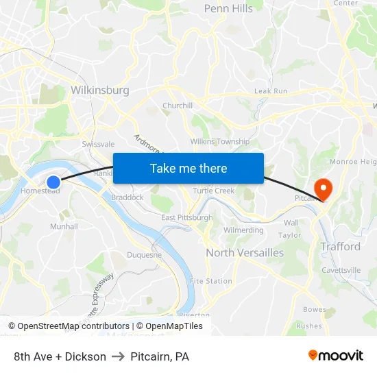 8th Ave + Dickson to Pitcairn, PA map