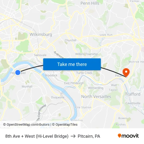 8th Ave + West (Hi-Level Bridge) to Pitcairn, PA map