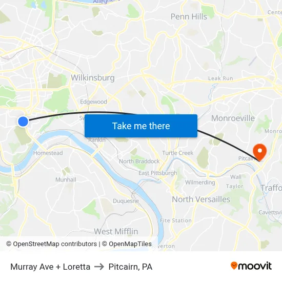 Murray Ave + Loretta to Pitcairn, PA map