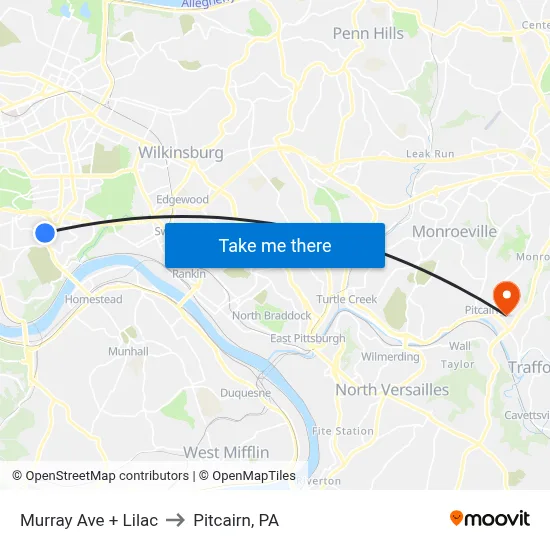 Murray Ave + Lilac to Pitcairn, PA map