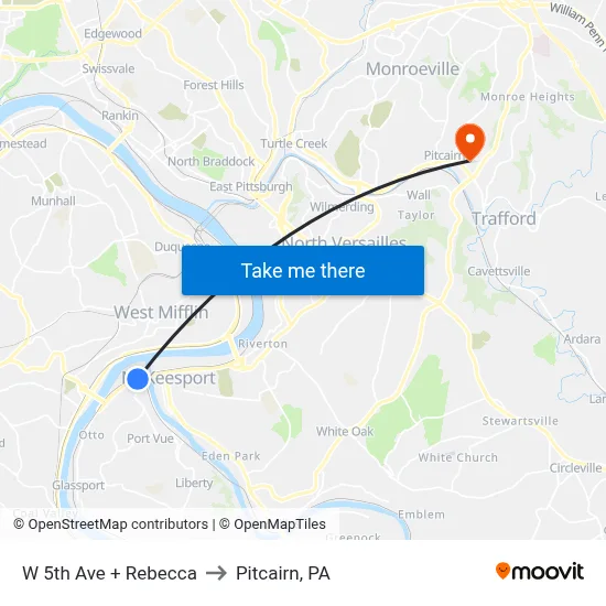 W 5th Ave + Rebecca to Pitcairn, PA map