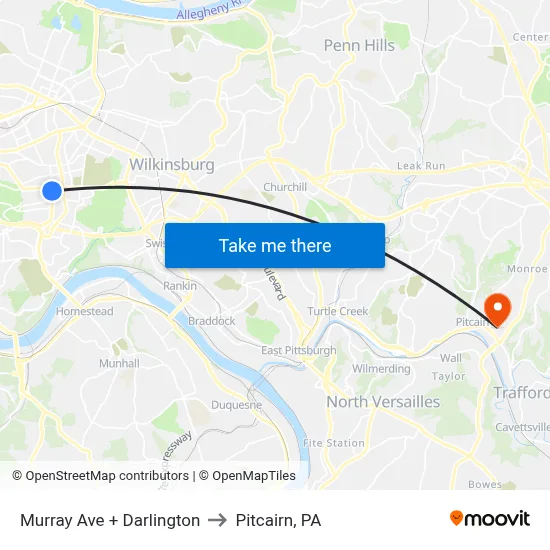 Murray Ave + Darlington to Pitcairn, PA map