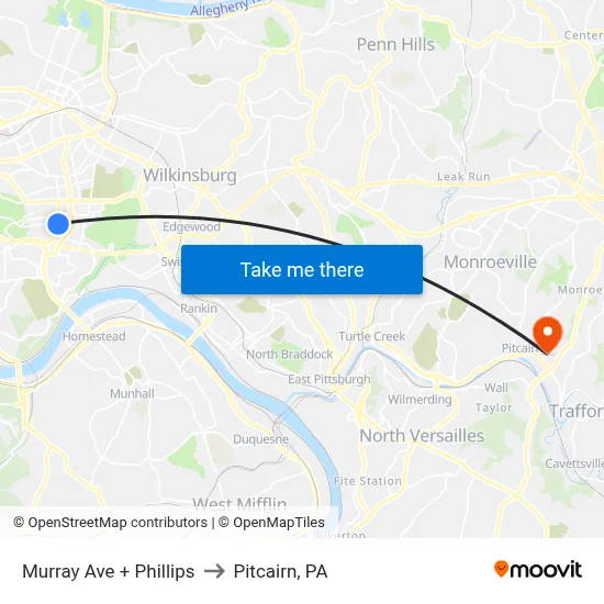 Murray Ave + Phillips to Pitcairn, PA map