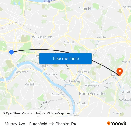 Murray Ave + Burchfield to Pitcairn, PA map