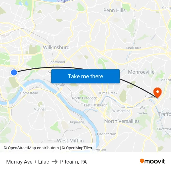 Murray Ave + Lilac to Pitcairn, PA map